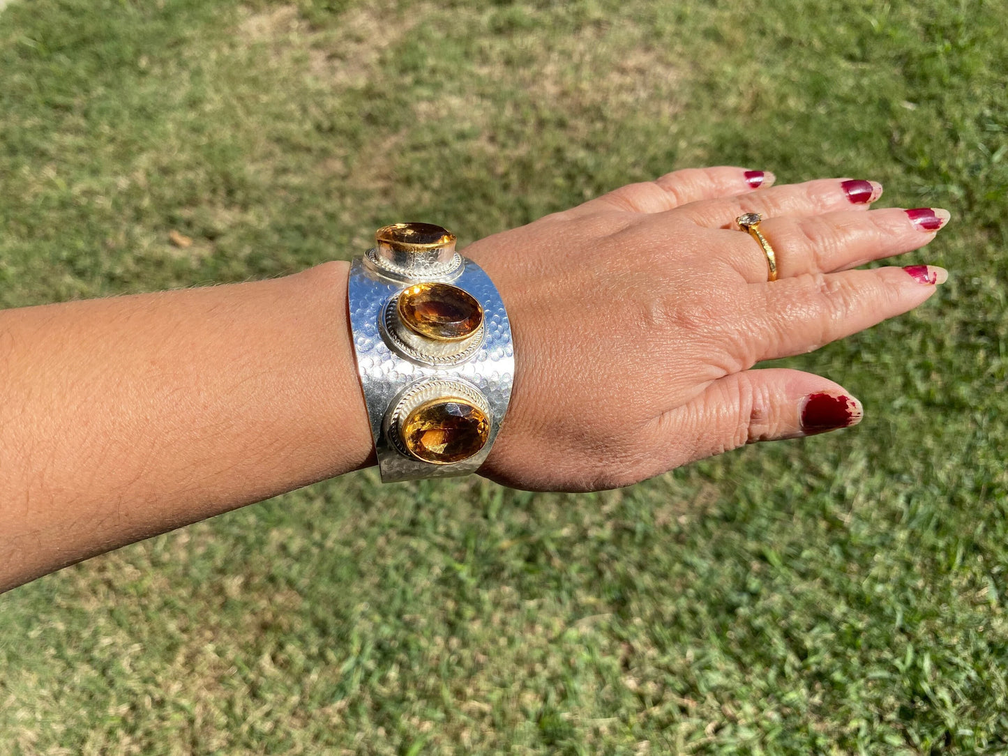 Adjustable Two Tone Cuff Citrine Gemstone, Multi Stone Cuff, Gold with Silver Overlay, Hammered Cuff Bracelet, Wide Cuff, Statement Jewelry