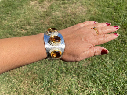 Adjustable Two Tone Cuff Citrine Gemstone, Multi Stone Cuff, Gold with Silver Overlay, Hammered Cuff Bracelet, Wide Cuff, Statement Jewelry