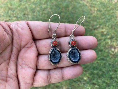 Adorable Druzy Tabasco Geode with Coral Tibetan Silver Earrings, Druzy Geode Jewelry, Dangle Earring, Crystals Earrings, Natural Geode