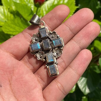Aesthetic Daily wear Cross Shaped Pendant, Tibetan Silver adorned with Natural Labradorite, Handmade pendant, Unisex Pendant, Unique design.