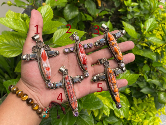Aesthetic Durable Spiny Orange Oyster pendant for daily wear, Tibetan Silver and Natural Gemstones, Cross shaped Pendant, Unique Boho charm.