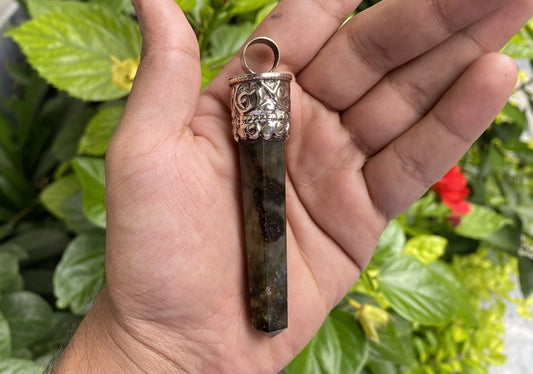 Aesthetic Labradorite Pendant: Big, Bold, and Perfect for Everyday Wear, Durable and Easy to wear, Hammered Tibetan Silver floral details.