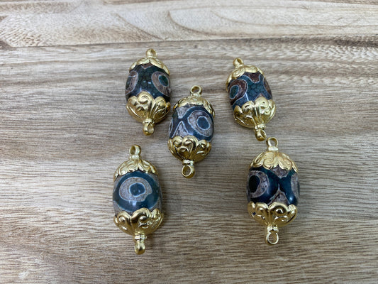 Agate Tibetan Handcrafted Bead, 14K Matte Gold Overlay over Brass, Himalayan Ethnic Tribe Boho Jewelry, Beads for Necklace, Both side Bail