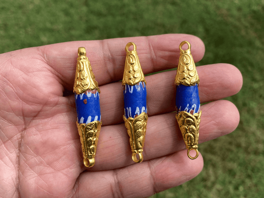 Aja Venetian Chevron African Beads, Old Tribal Glass African Trade Beads, Handcrafted Tibetan Designs Caps, 18K Matte Gold Overlay, Tribal