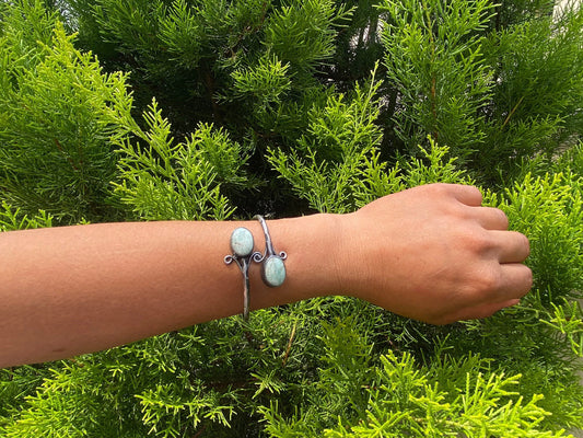 Amazonite Stone Cuff Bracelet | Adjustable Bangle Bracelet, Oxidize Silver Overlay Jewelry, Aesthetic bracelet, Artisan Handmade Jewelry