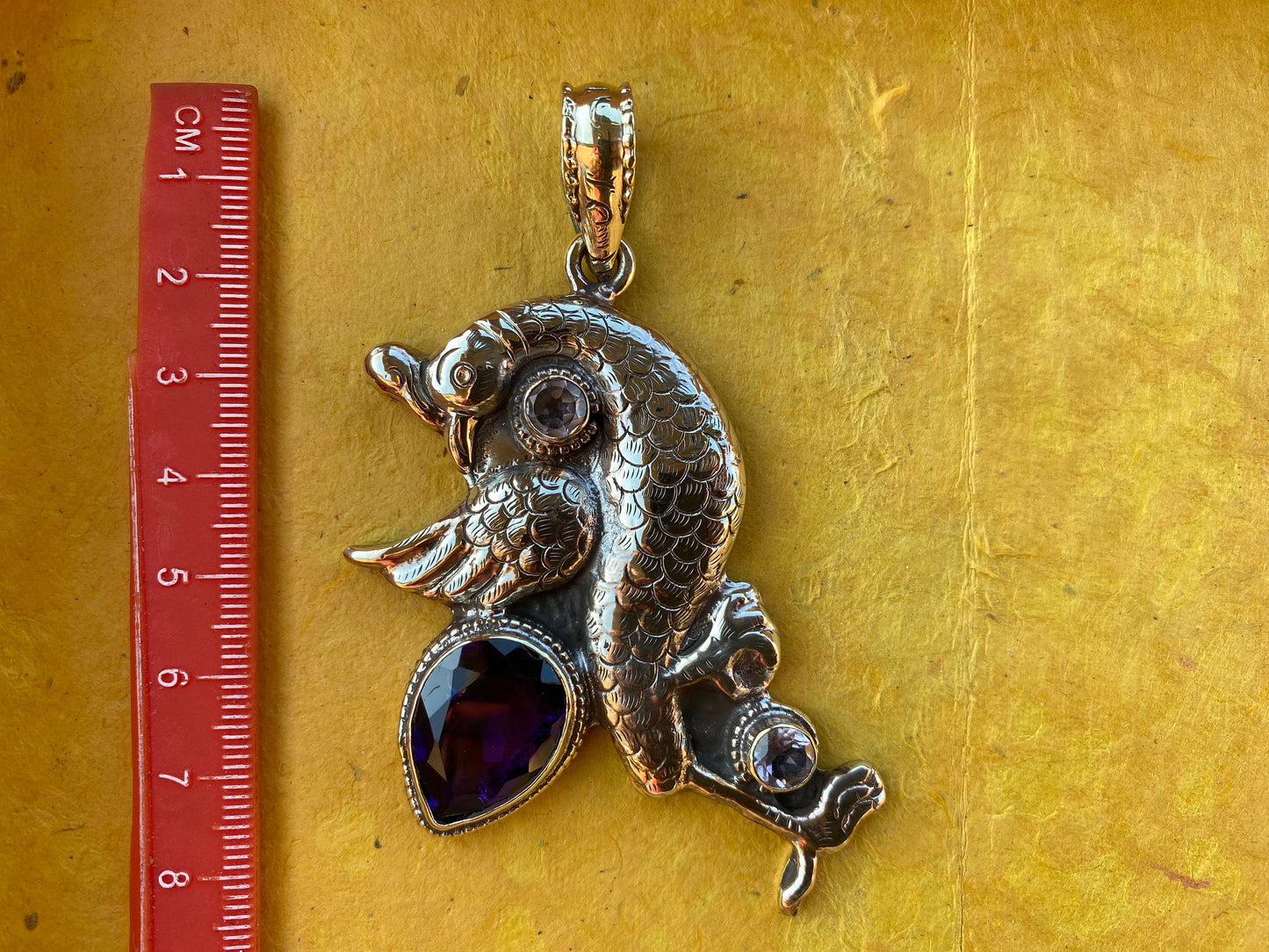 Amethyst Peacock Design Pendant, Tibetan Silver with White Topaz Gemstone, Hand Carved Bird Pendant, Traditional Women Jewelry from Nepal