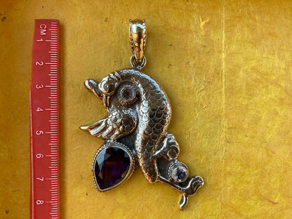 Amethyst Peacock Design Pendant, Tibetan Silver with White Topaz Gemstone, Hand Carved Bird Pendant, Traditional Women Jewelry from Nepal