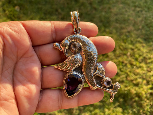 Amethyst Peacock Design Pendant, Tibetan Silver with White Topaz Gemstone, Hand Carved Bird Pendant, Traditional Women Jewelry from Nepal