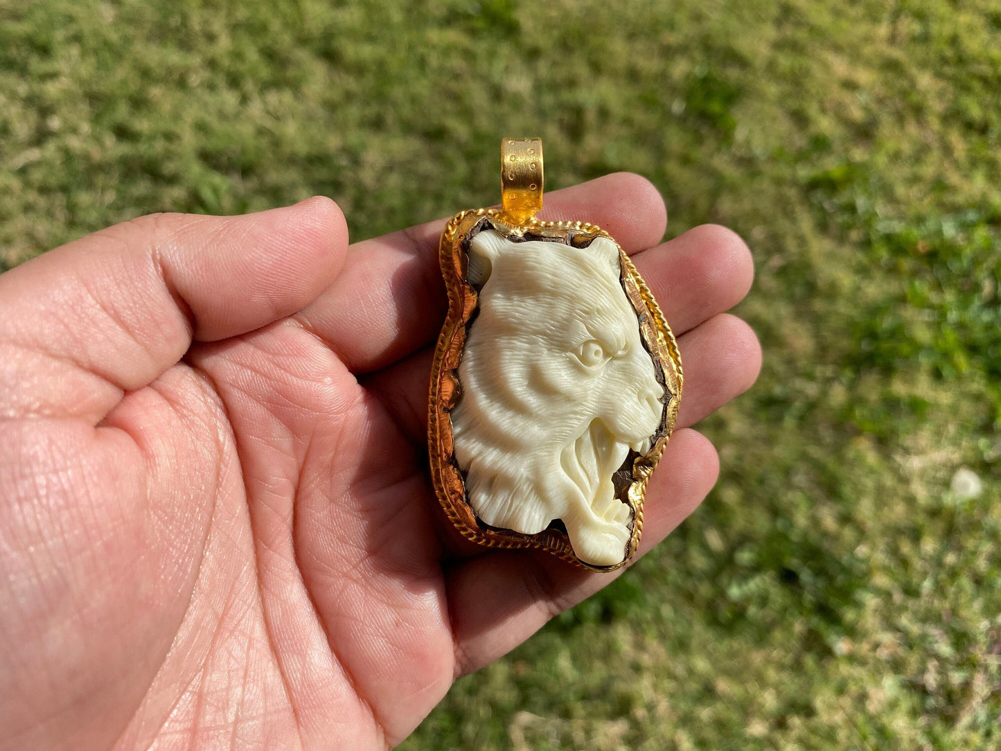 Angry Tiger Head Carved Bone Gold Pendant, Non Tarnish 18k Brushed Gold Overlay, Wild Tiger Jewelry, Wildlife Lovers Jewelry, Wild Animal