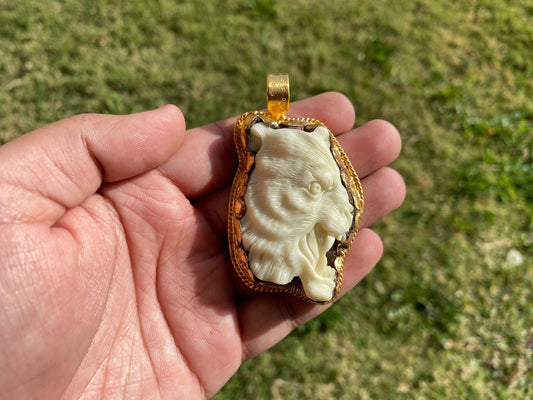 Angry Tiger Head Carved Bone Gold Pendant, Non Tarnish 18k Brushed Gold Overlay, Wild Tiger Jewelry, Wildlife Lovers Jewelry, Wild Animal