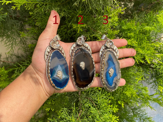 Antique Blue Agate Stone Pendant with Tibetan Silver Floral Motif, Agate Pendant with Tibetan Silver Floral Engravings