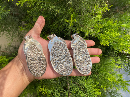 Antique Blue Agate Stone Pendant with Tibetan Silver Floral Motif, Agate Pendant with Tibetan Silver Floral Engravings
