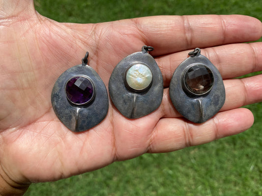 Antique Brass Small Pendant, Fresh Water Pearl, Faceted Amethyst or Smoky Topaz Gemstone Pendant, Tribal Jewelry, Handmade in Nepal,Necklace