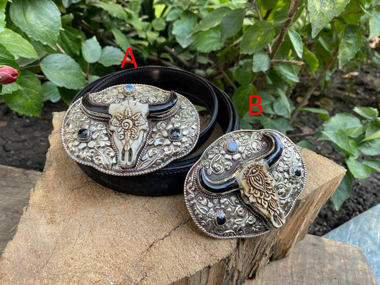 Antique Look Belt Buckle, Tibetan Silver with Moonstone, Black Onyx, and Mandala-inspired Floral Carved Buffalo Bone, Boho Style Belt Buckle