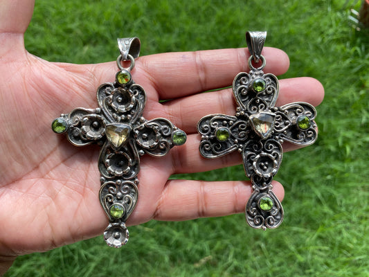 Antique Look Large Cross Pendant, Tibetan Silver Pendant,Faceted Period & Citrine Gemstone, Religious Jewelry, Religious Gift, Tibetan, Boho