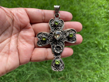 Antique Look Large Cross Pendant, Tibetan Silver Pendant,Faceted Period & Citrine Gemstone, Religious Jewelry, Religious Gift, Tibetan, Boho