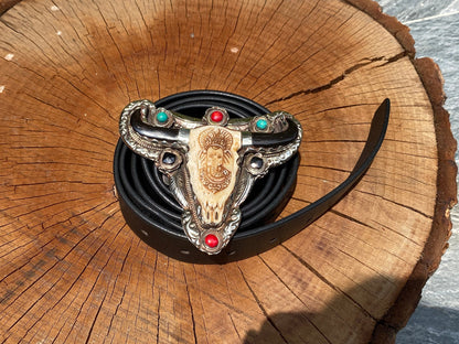 Antique Looks belt buckle for daily use, Tibetan silver buckle adorned with Natural Turquoise, Coral, with Ganesh Head Carved on Bone.