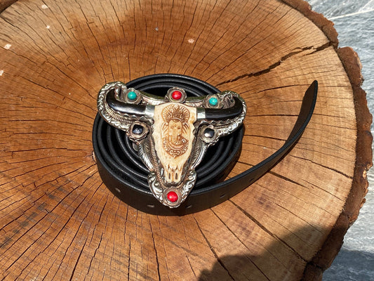 Antique Looks belt buckle for daily use, Tibetan silver buckle adorned with Natural Turquoise, Coral, with Ganesh Head Carved on Bone.