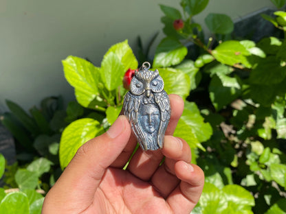 Artful Fusion: Owl Covering Women’s Face in Brass, Hammered design, Handmade design, Aesthetic wears, Unisex Pendant, boho inspired