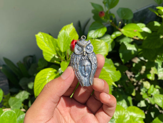 Artful Fusion: Owl Covering Women’s Face in Brass, Hammered design, Handmade design, Aesthetic wears, Unisex Pendant, boho inspired