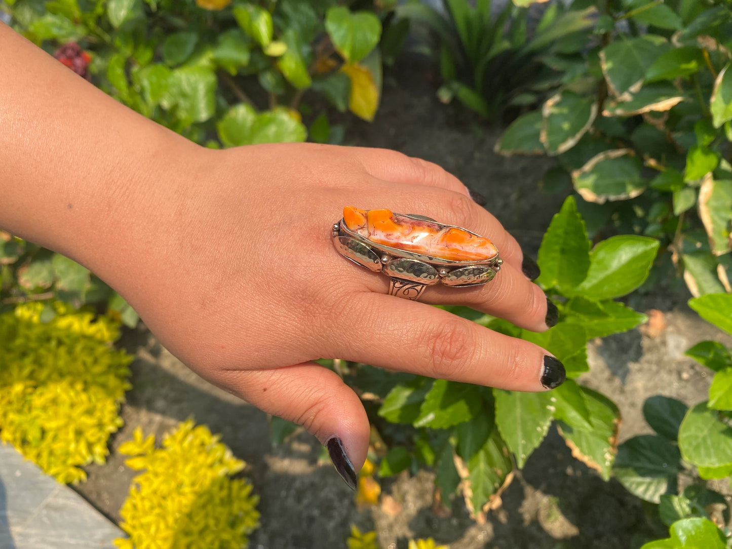 Artisan Crafted Adjustable Tibetan Silver Spiny Oyster Ring, Gift ideas, Antique Ring, Hammered Ring, Aesthetic ring.