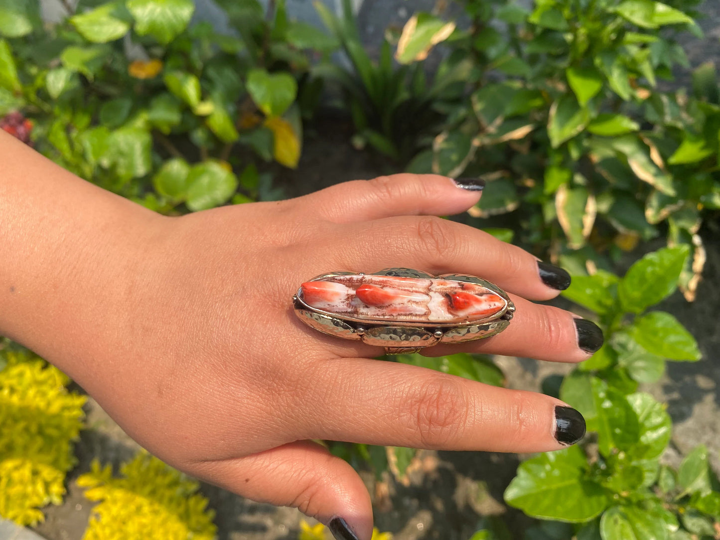 Artisan Crafted Adjustable Tibetan Silver Spiny Oyster Ring, Gift ideas, Antique Ring, Hammered Ring, Aesthetic ring.
