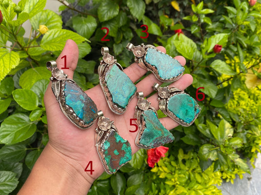 Artisan Crafted Raw Chrysocolla Pendant: Unique Boho Chic Accessory, Healing & Stylish Gift,  Handmade with Floral Design, Natural Gemstone.