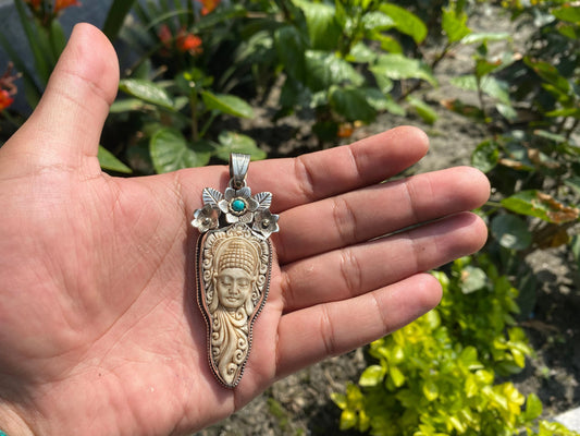 Artisan Tibetan Silver Pendant with Buddha on Bone Detail, Elegant Tibetan Silver Pendant with Bone Carving of Buddha with Turquoise.