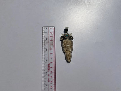 Artisan Tibetan Silver Pendant with Buddha on Bone Detail, Elegant Tibetan Silver Pendant with Bone Carving of Buddha with Turquoise.