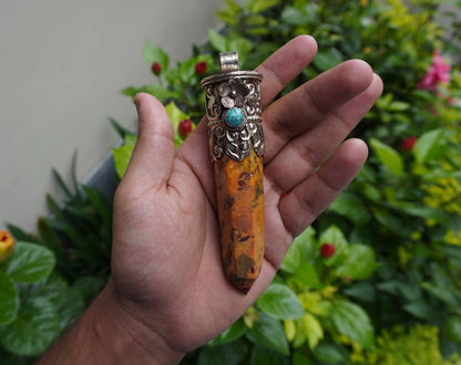 Artisanal Design: Long Yellow Jasper Tower Pendant with Unique Gemstone and Silver, Aesthetic and Durable wears, Handmade Pointed Pendants.