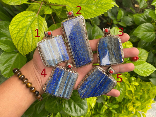 Artisanal Lapis & Coral Pendant with Tibetan Silver - Unisex Boho Floral Design, Collectible Jewelry, Hammered Pendant, Unique Gift ideas.