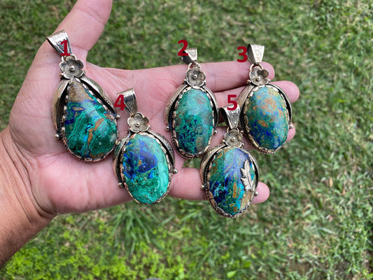 Azurite with Malachite Natural Rare Stone Tibetan Silver Pendant, Handcrafted Jewelry, Unique Stone Pendant, Ethnic Inspired Jewelry