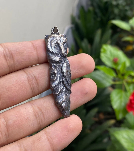 Bear With Two Horses Hand Carved in Silver Overlay Brass Pendant, Pet Lover Jewelry, Animal Lover Jewelry, Animal Pendant, Wildlife Inspired