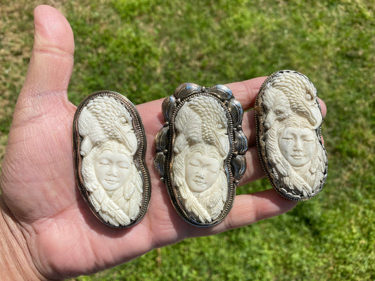 Bear & Eagle with Lady Face Hand Carved Buffalo Bone Tibetan Silver Pendant, Women's or Men Jewelry, Tribal Jewelry, Ethnic Bohemian Jewelry