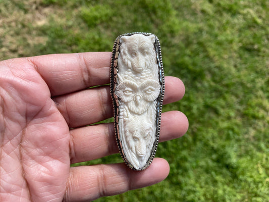 Bear & Owl with Wolf Hand carved Bone Tibetan Silver Large Pendant, Jewelry for Men/ Women, Animal Lover, Bohemian Jewelry, Tribal Jewelry