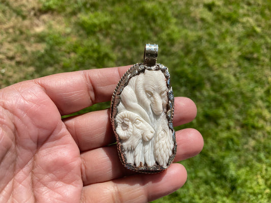 Bear & Sheep Hand carved Buffalo Bone Tibetan Silver Pendant, Unisex Pendant, Necklace Pendant, Animal Lovers Jewelry, Tribal Jewelry, Boho