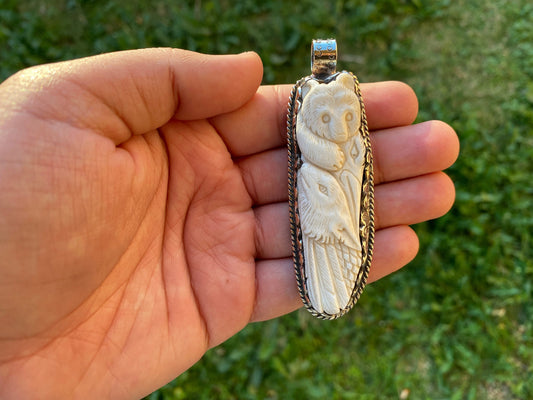 Bear & Wolf wit Eagle Buffalo Bone Hand Carved Tibetan Silver Pendant, Jewelry for Men or Women, Ethnic Jewelry, Wild Life Jewelry, Animal