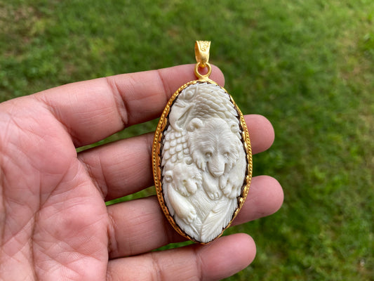 Bear with Eagle, Buffalo Bone Hand Carved High Quality 18k Brushed Gold Overlay Non Tarnish Pendant, for Men or Women, Animal Lover Pendant