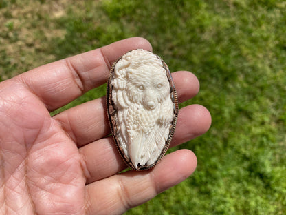 Bear with Eagle Buffalo Bone Hand Carved Tibetan Silver Pendant, Repousse Silver Pendant, Jewelry for Men or Women, Animal Lover Pendant