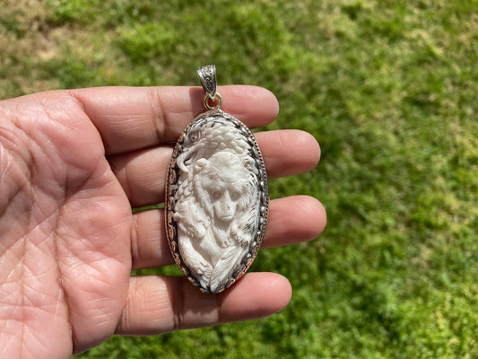 Bear with Eagle Buffalo Bone Hand Carved Tibetan Silver Pendant, Repousse Silver Pendant, Jewelry for Men or Women, Animal Lover Pendant
