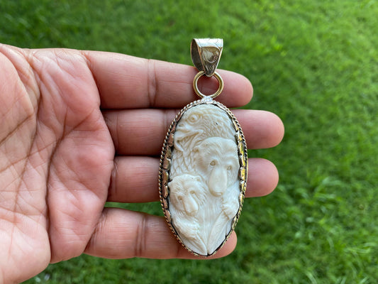 Bear with Eagle Tibetan Silver Pendant, Hand Carved Bone Pendant, Jewelry for Men or Women, Animal Lover Pendant, Boho, Ethnic Jewelry