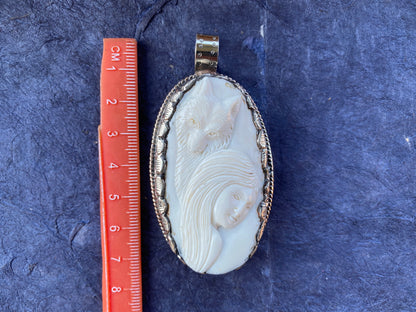 Bear with Lady Face Pendant, Hand Carved Buffalo Bone Tibetan Silver Pendant, Women's or Men Jewelry, Tribal Jewelry, Ethnic Boho Jewelry,