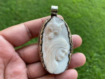 Bear with Lady Face Pendant, Hand Carved Buffalo Bone Tibetan Silver Pendant, Women's or Men Jewelry, Tribal Jewelry, Ethnic Boho Jewelry,