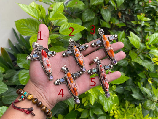 Beautiful Spiky Orange oyster Pendant, Cross shaped Tibetan Silver Pendant adorned with Natural Gemstones, Hippie Fashion, Unisex Pendant.