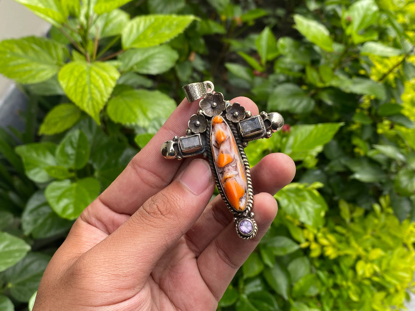 Beautiful Spiky Orange oyster Pendant, Cross shaped Tibetan Silver Pendant adorned with Natural Gemstones, Hippie Fashion, Unisex Pendant.
