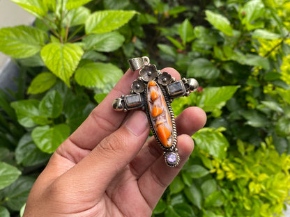 Beautiful Spiky Orange oyster Pendant, Cross shaped Tibetan Silver Pendant adorned with Natural Gemstones, Hippie Fashion, Unisex Pendant.