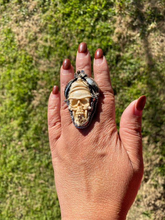Big Adjustable Bone Carved Skull with Owl or Skull Tibetan Silver Ring, Skull Large Ring, Statement Ring, for Men or Women, Bikers Rings