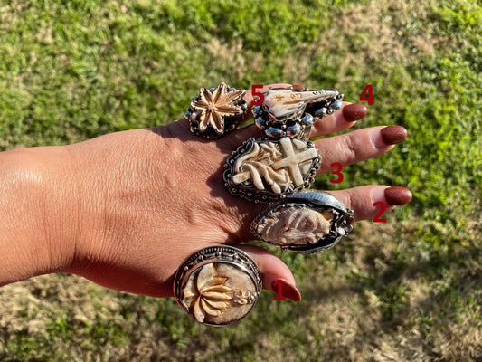 Big Adjustable Bone Carved Tibetan Silver Ring, Om Ring, Dog Face, Cross, Middle Finger, Marijuana Leaf Ring, Punk Biker Rings, Punk Jewelry