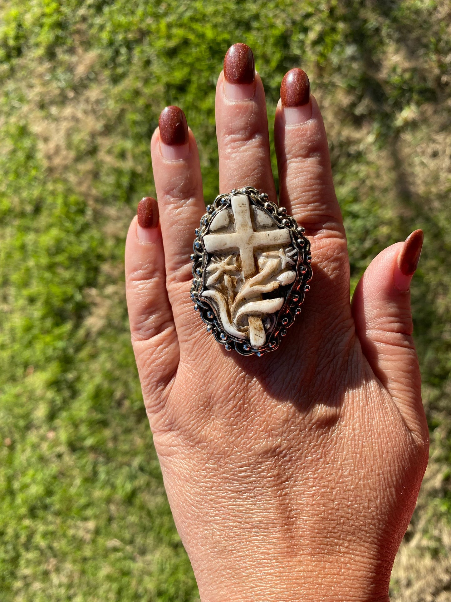 Big Adjustable Bone Carved Tibetan Silver Ring, Om Ring, Dog Face, Cross, Middle Finger, Marijuana Leaf Ring, Punk Biker Rings, Punk Jewelry