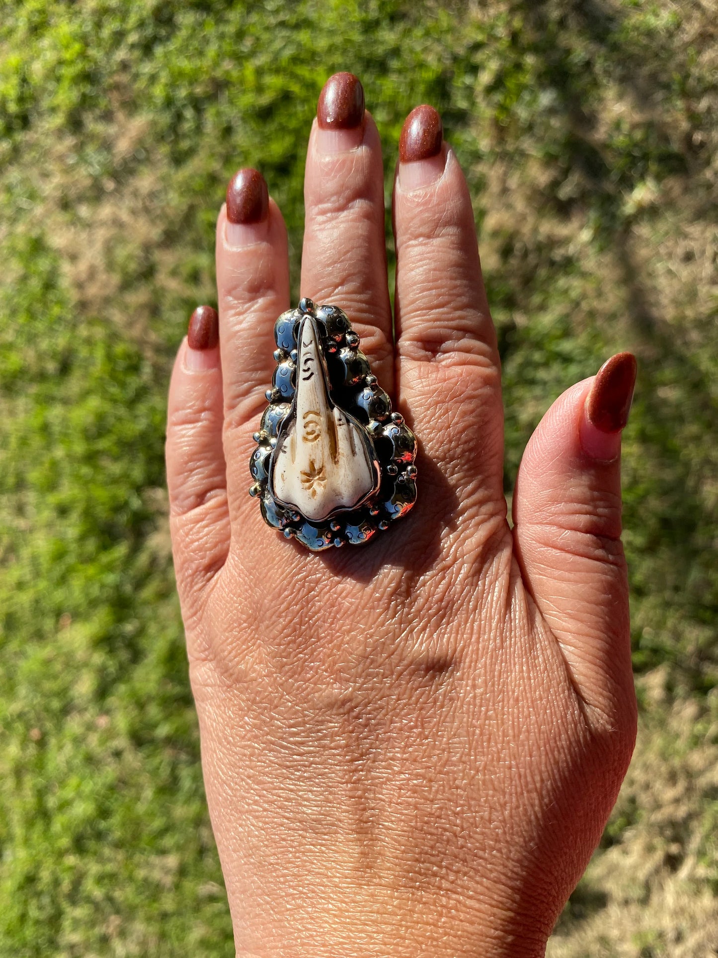 Big Adjustable Bone Carved Tibetan Silver Ring, Om Ring, Dog Face, Cross, Middle Finger, Marijuana Leaf Ring, Punk Biker Rings, Punk Jewelry